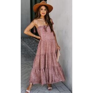 Storia Size Small Cheetah Print Midi Tiered Dress Tassel Tie Boho Brown Tan Pink
